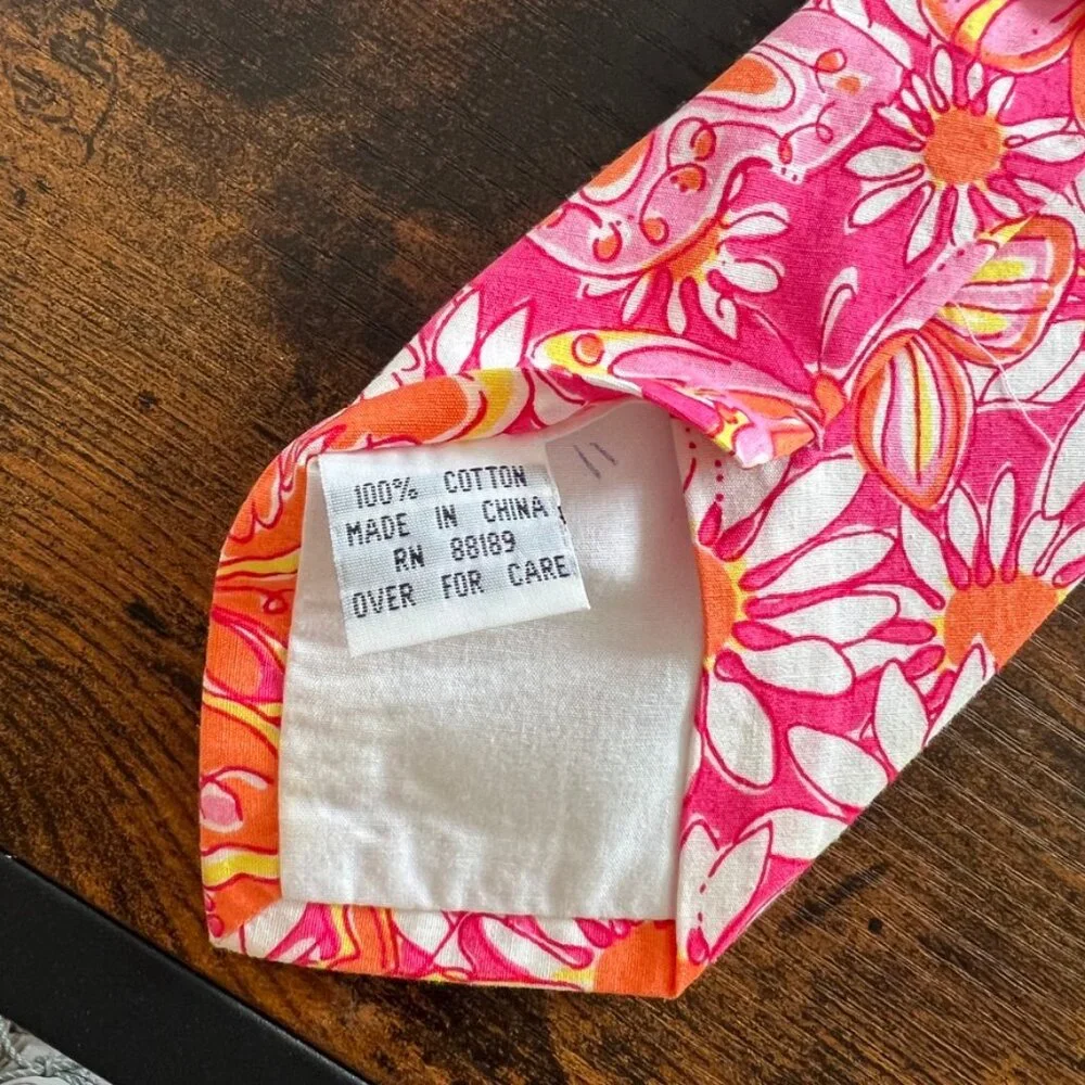 Lilly Pulitzer Vintage Pink Butterfly Daisy White Label Mens Tie - Picture 5 of 5